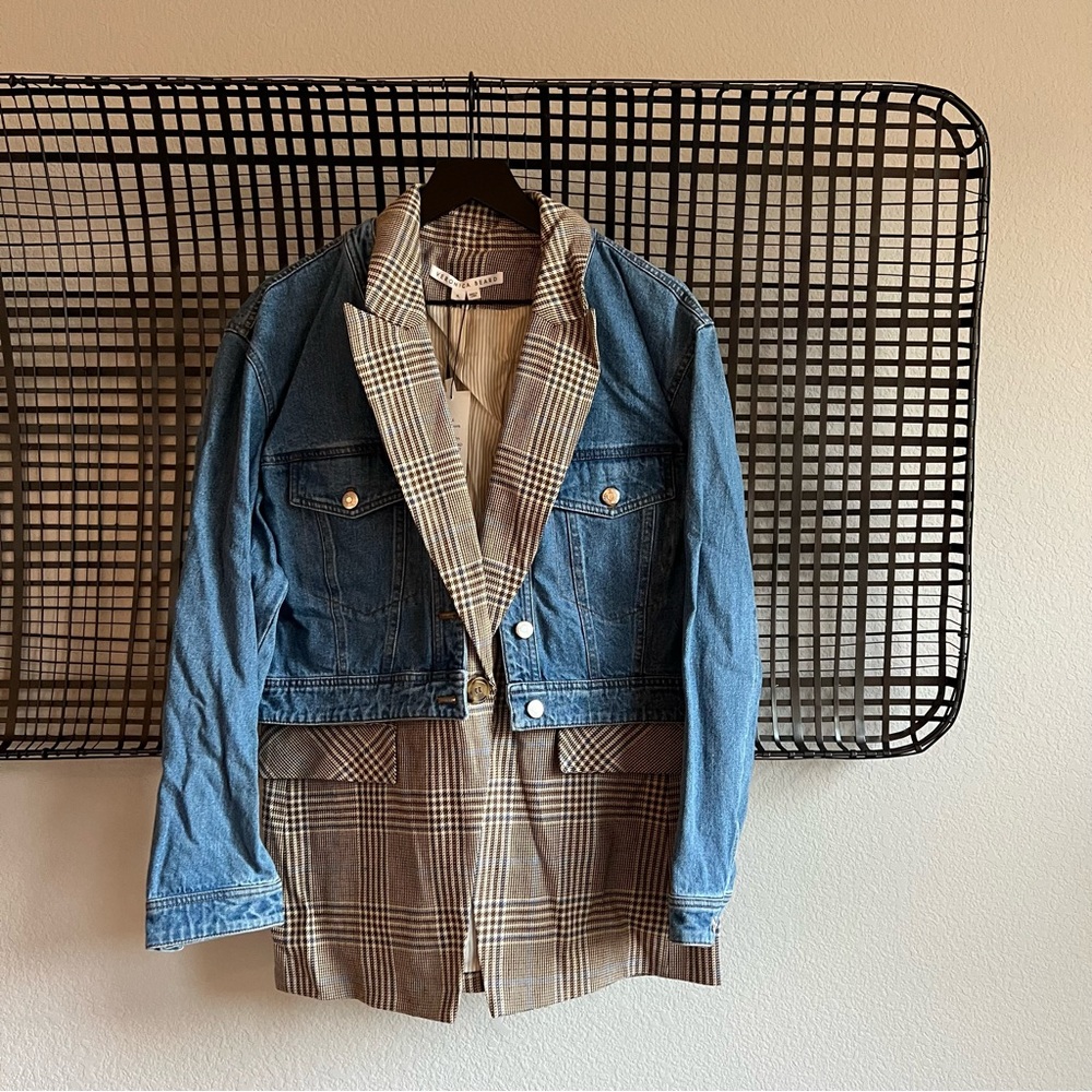 Veronica Beard Blue Denim Jacket with Brown Plaid Blazer Overlay